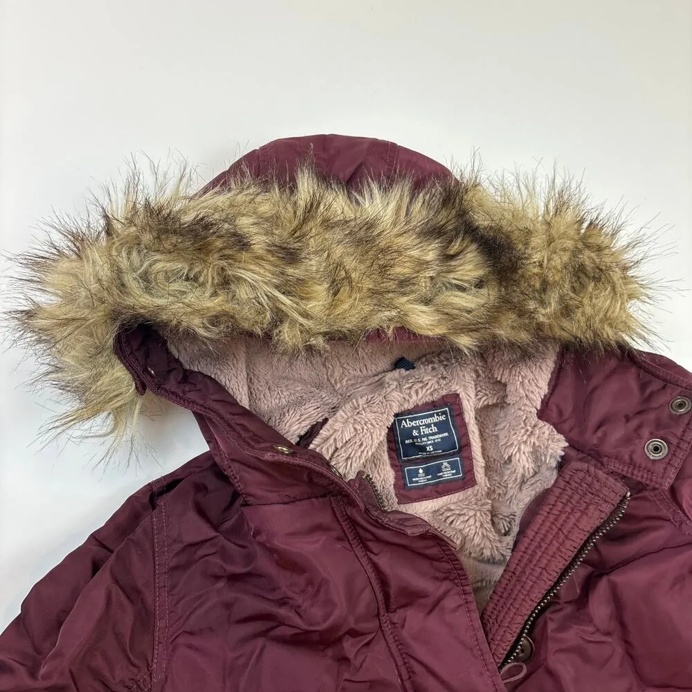 Abercrombie & Fitch Womens Maroon Red Fur Trim Hooded Lined Parka Jacket Size XS - Image 3