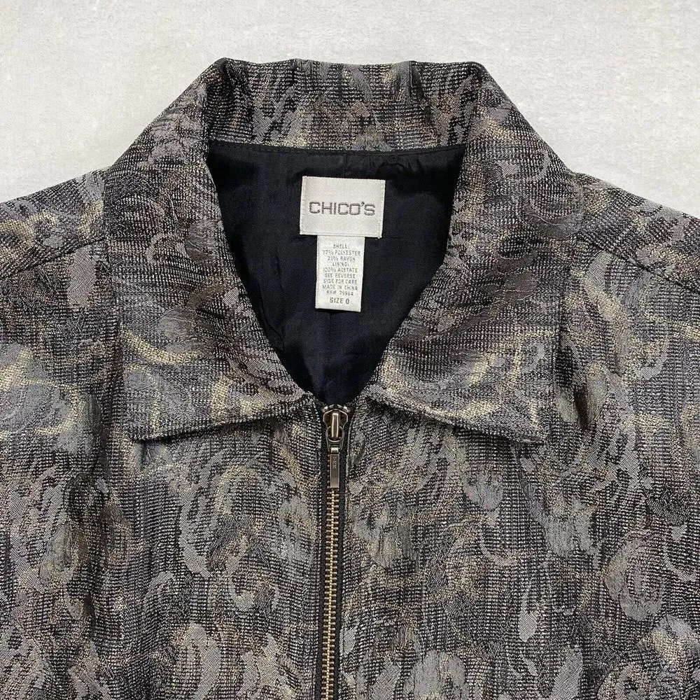 Chico's Jacket Womens 0(Small) Gray MultiColor Metallic Brocade Zip Front Blazer - Image 5