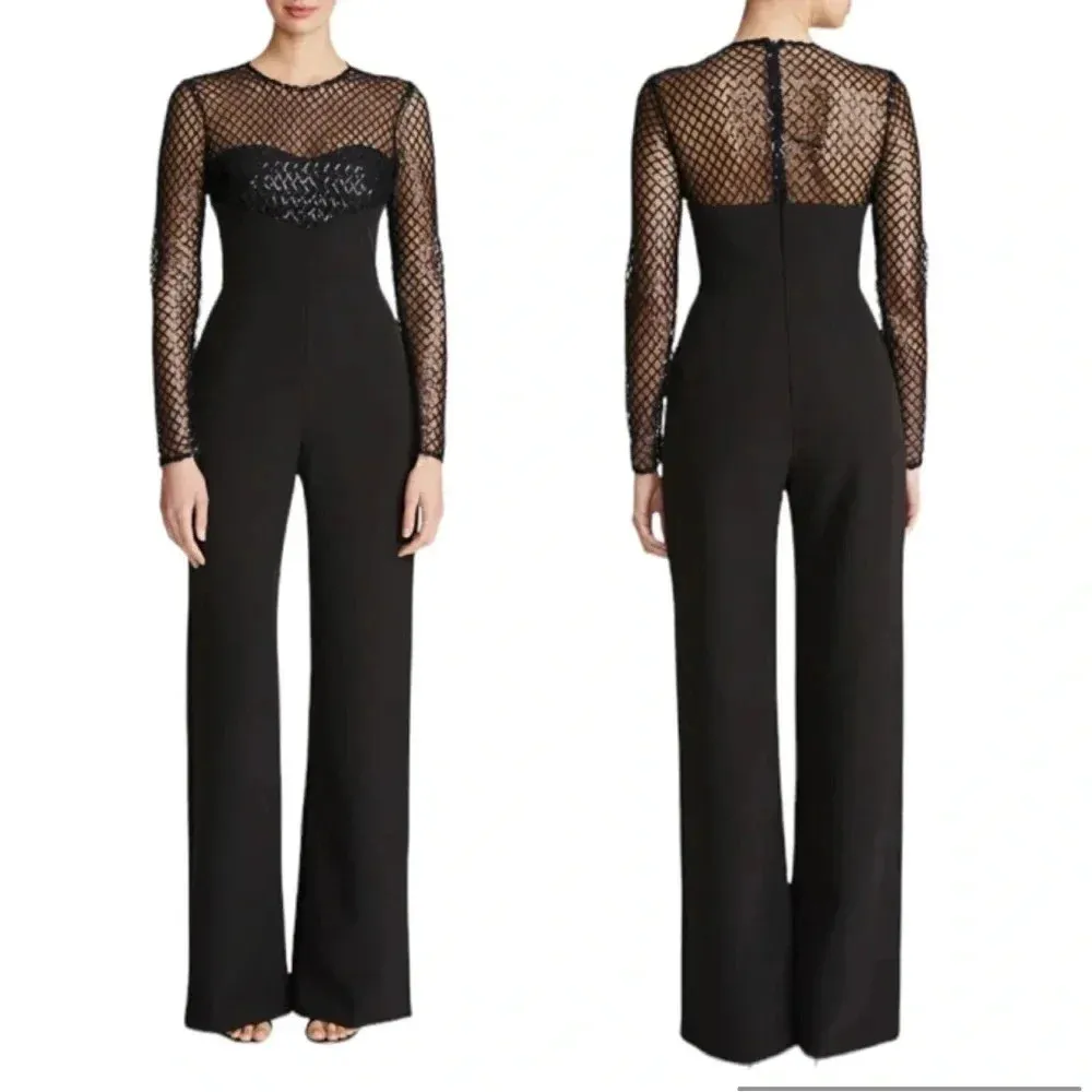 Halston Jac Sequin Illusion Neck Crepe Wide Leg Jumpsuit Black Size 2 NWT - Image 15