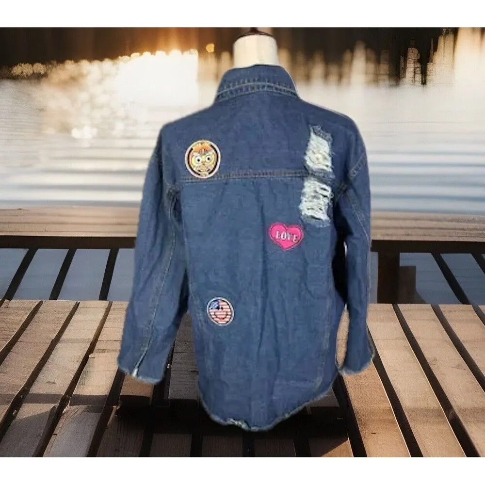 Boho VTG Style Distressed Patched Denim Fringed Raw Hem Oversized Jacket Size S - Image 7