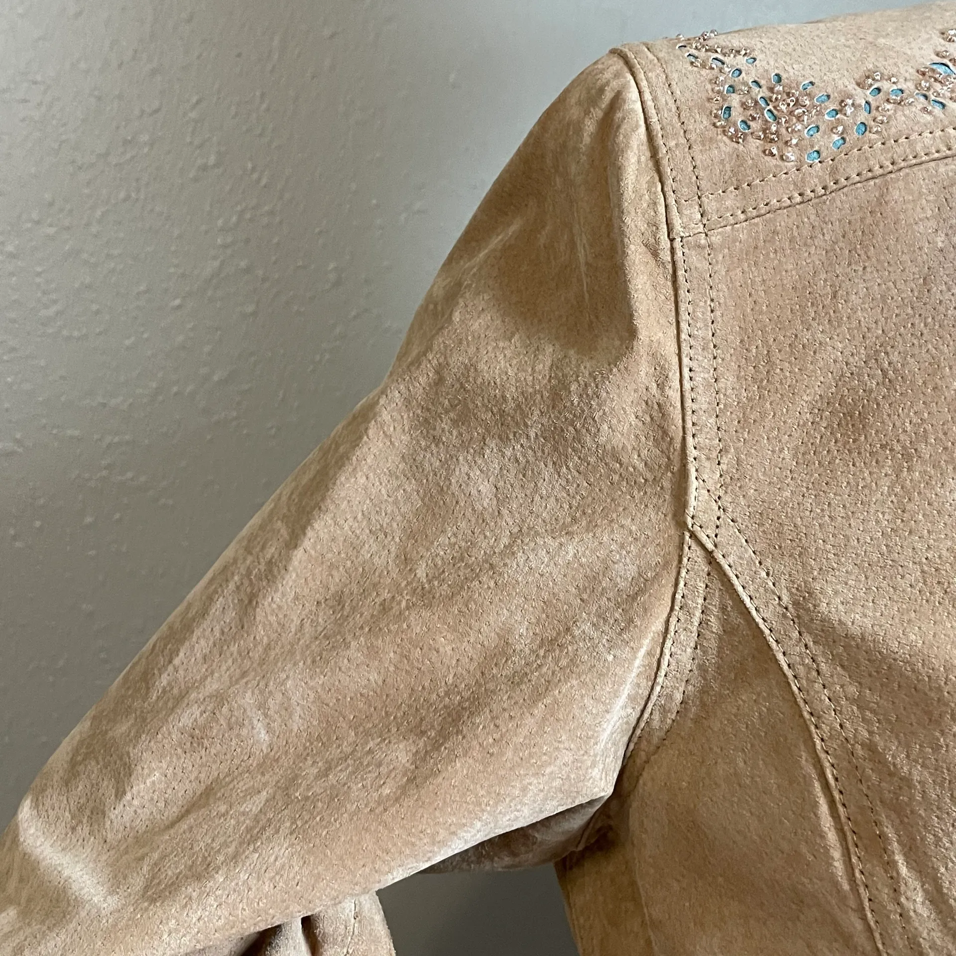 Leather Jacket With Cutout Turquoise Design Beaded Detailing Size Medium - Image 4