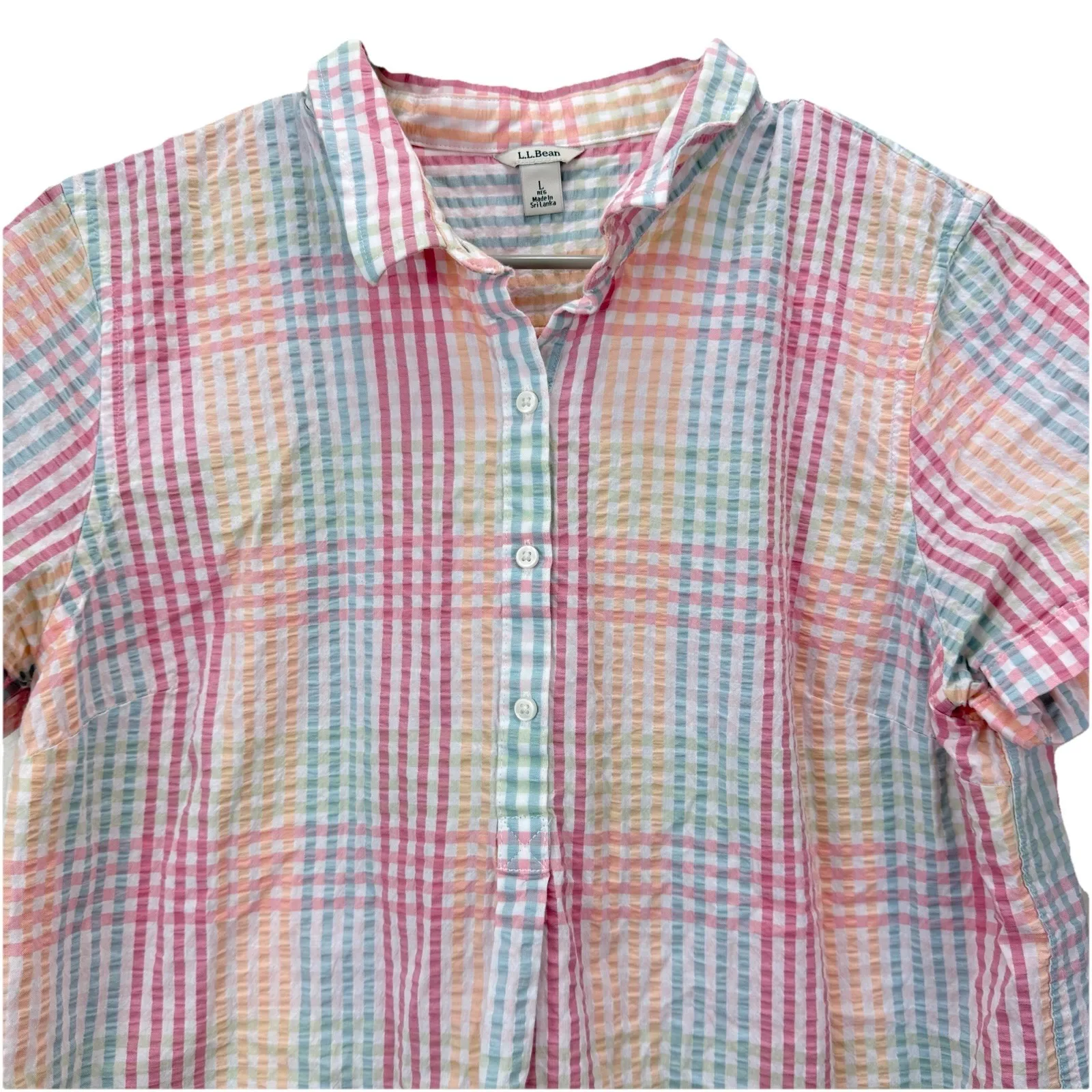 LL Bean Vacationland Seersucker Short‎ Sleeve Popover Plaid Shirt Size LARGE - Image 3