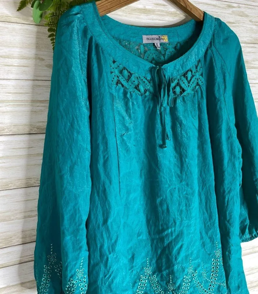 Figueroa and Flower Teal Boho Lace Peasant Blouse Size XL - Image 2