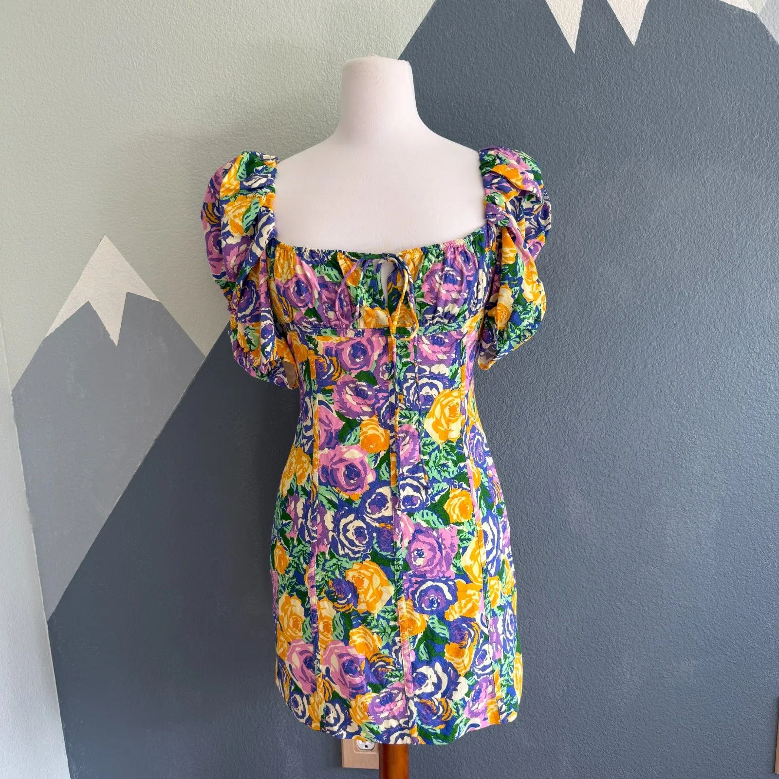 Zara Yellow & Purple Floral Print Corset Style Mini Dress Size Medium - Image 2
