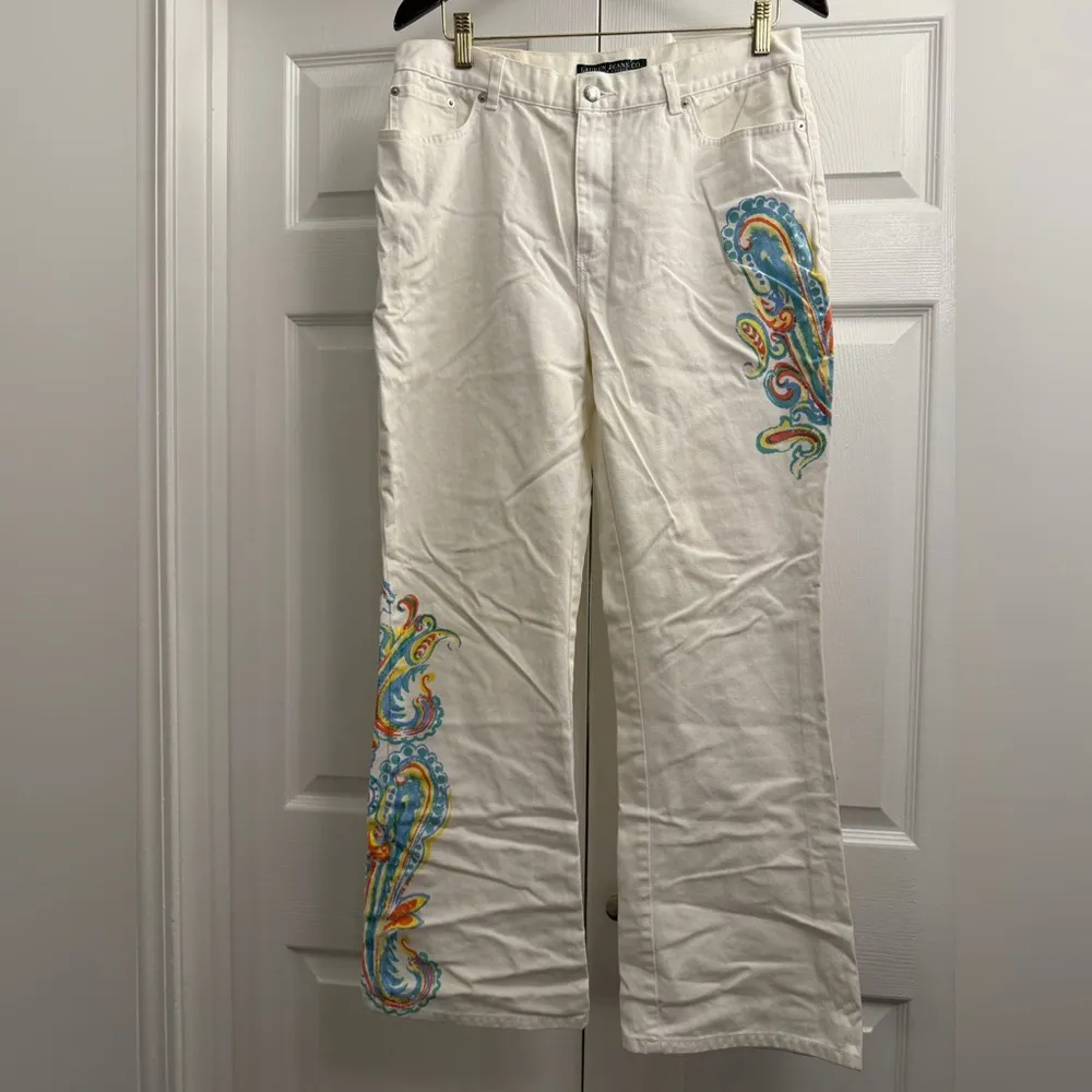 Ralph Lauren Art Print Jeans White Wide Legs Multicolor Paisley Design Sz 12 Y2K - Image 7