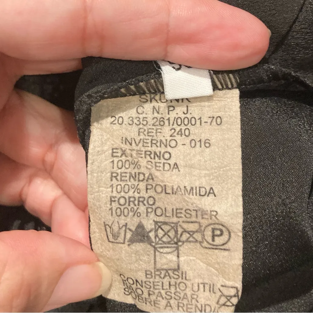 Skunkfunk mod print black orange yellow lace trim silk mini dress with v - Image 9