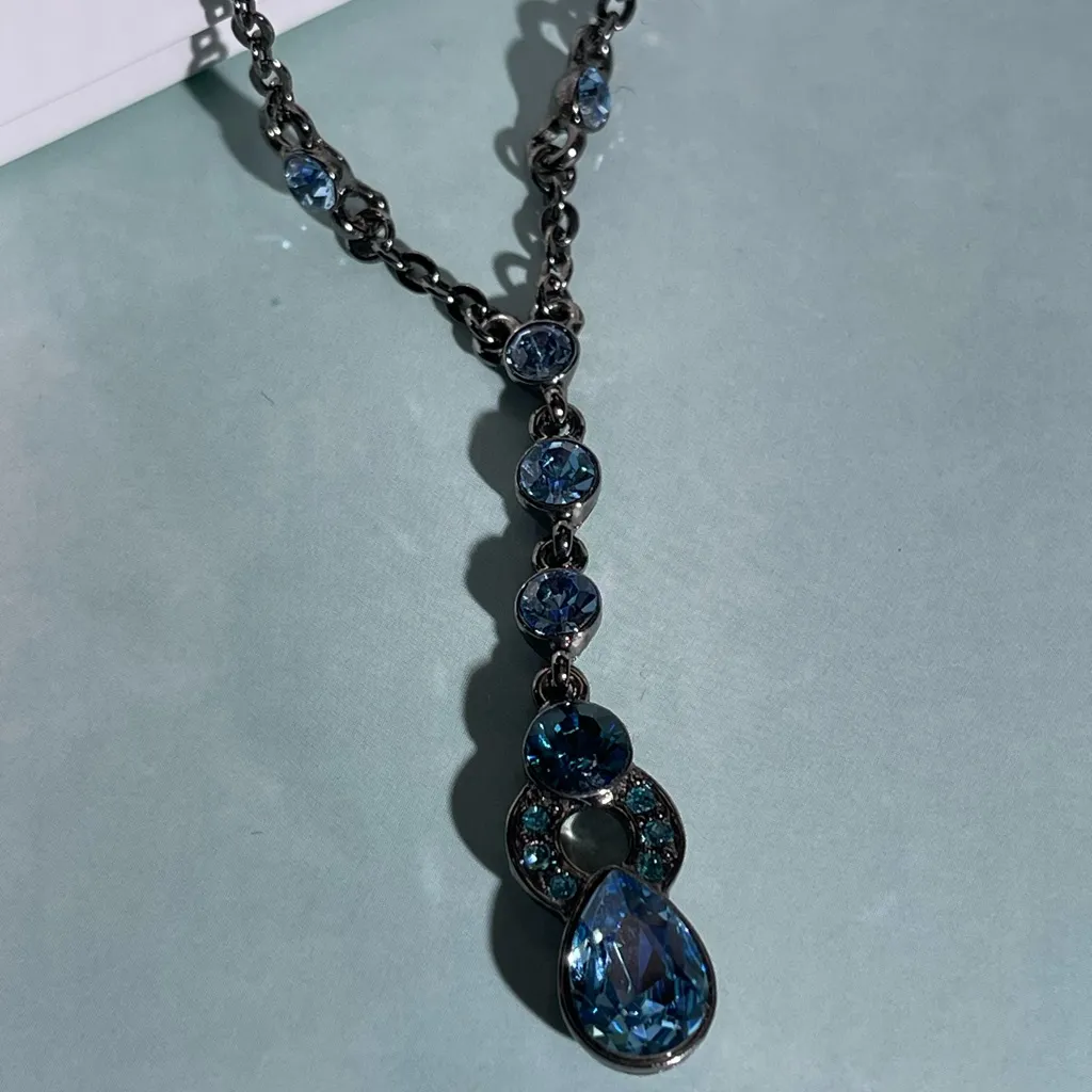 Givenchy Blue Topaz Y-Drop Signed Vintage Necklace 18” Gunmetal Chain - Image 2