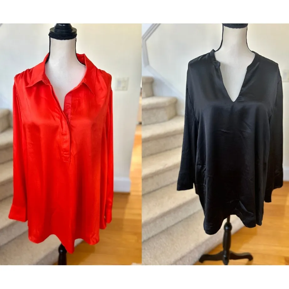 SET Lane Bryant Orange Satin Black Satin Long Sleeve Popover Tunic Blouse 22/24 - Image 2