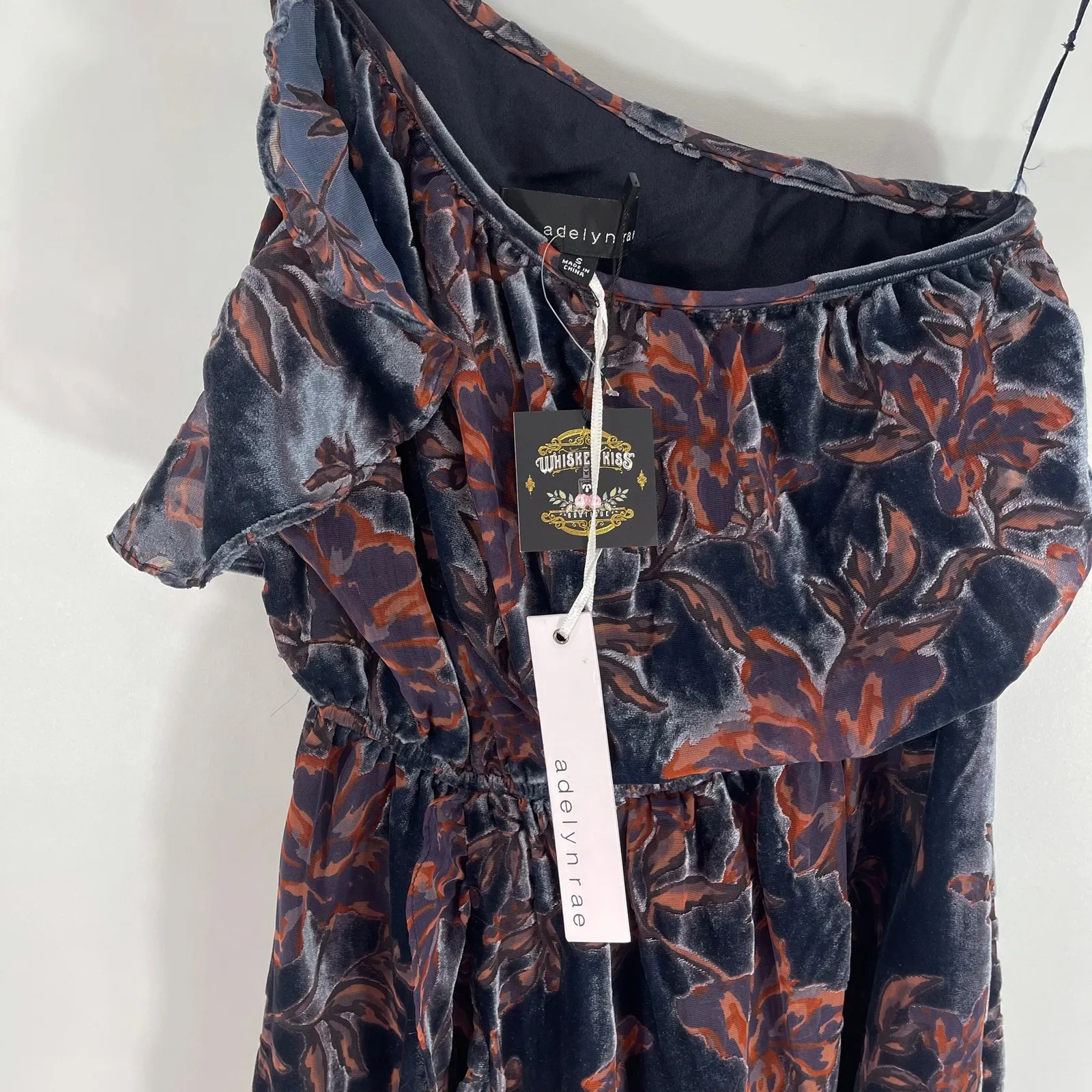 Adelyn Rae Angie Dress One Shoulder Velvet Floral Ruffle Small New With Tags - Image 8