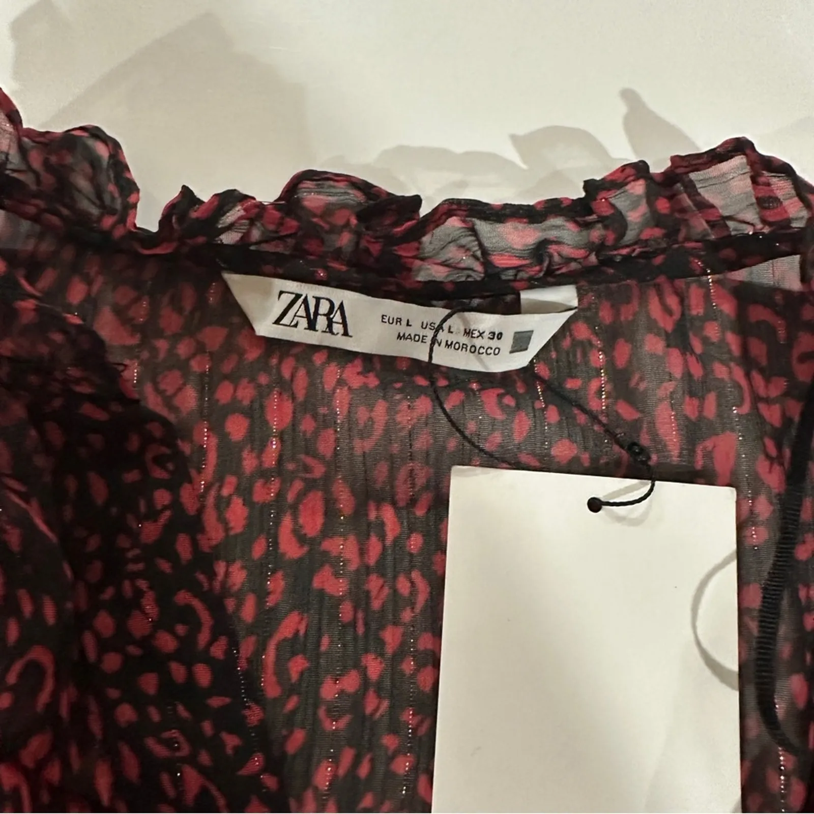 Zara Red & Black Cheetah‎ Print Long Sleeve Ruffled Mini Dress Size L - Image 5