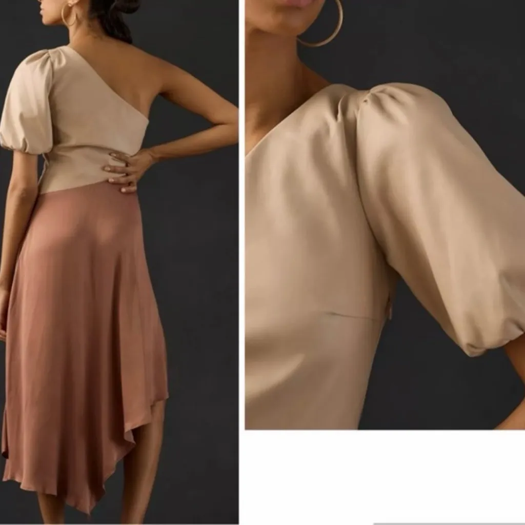 By Anthropologie Faux Leather Satin One Shoulder Asymmetric Midi Dress Size 10 - Image 3