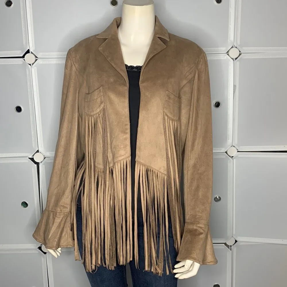 Union Of Angel Tan Fringe Faux Brushed Suede Shawna Jacket Size Medium - Image 2