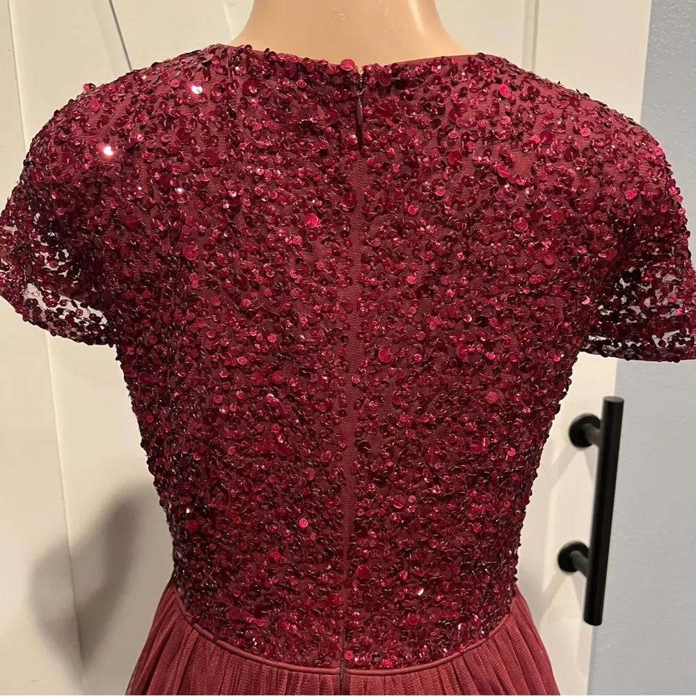 Adrianna Papell size 6 Wine Tulle Maxi Dress sequined top long gown short sleeve - Image 9
