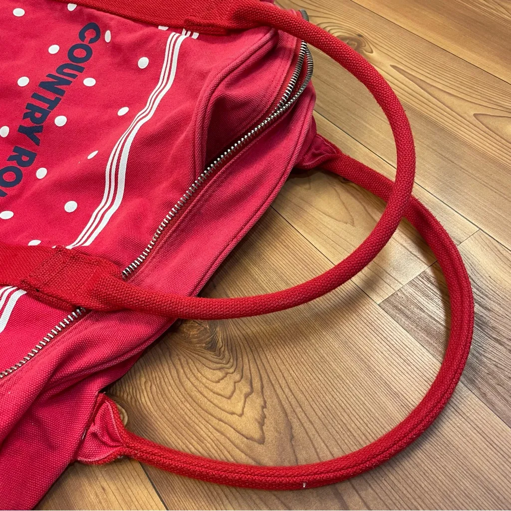 Country Road (AUS) Duffle Weekender Bag Zipper Tote Red Canvas White Polka Dot - Image 10