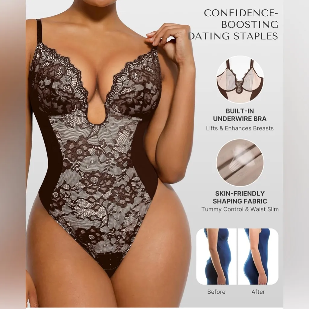 SHAPELLX Shapewear for Women Tummy Control Lace Bodysuit Brown - Image 2