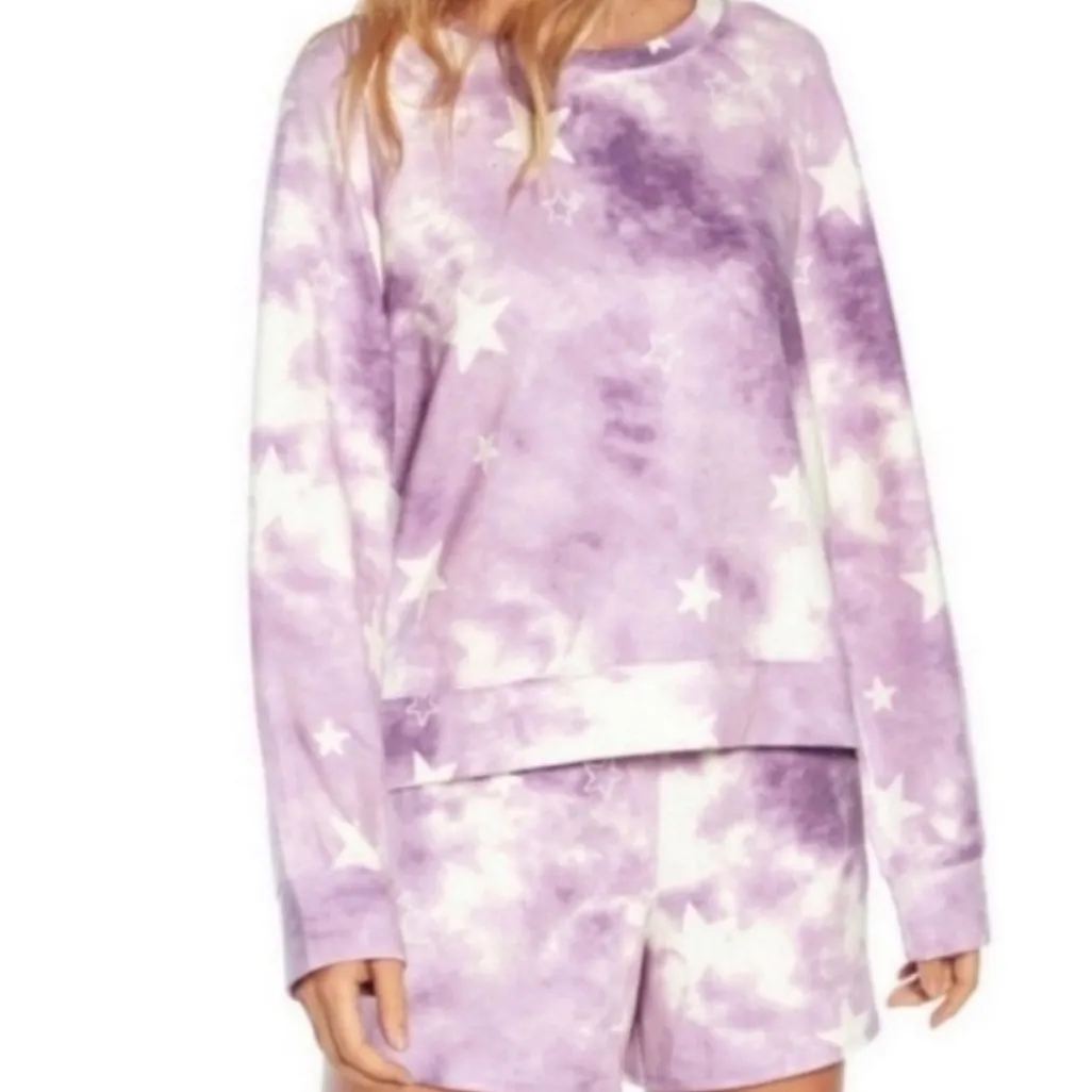 Wildfox Lounge Set Tie Dye Stars in Purple & White Sz XL NWT Sweatshirt & Shorts - Image 2