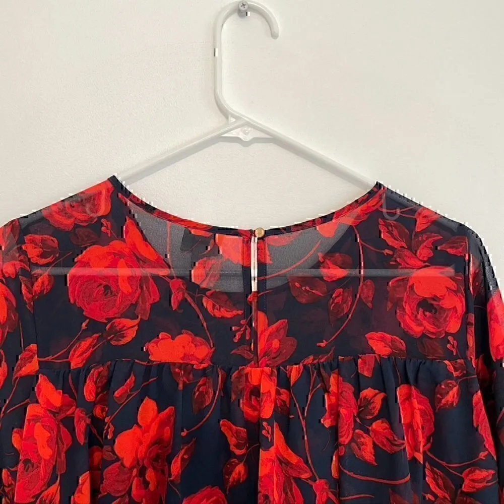 A NEW DAY Tiered Floral Blouse Navy Blue Red 3/4 Bell Sleeve Sheer / Lined Boho - Image 12