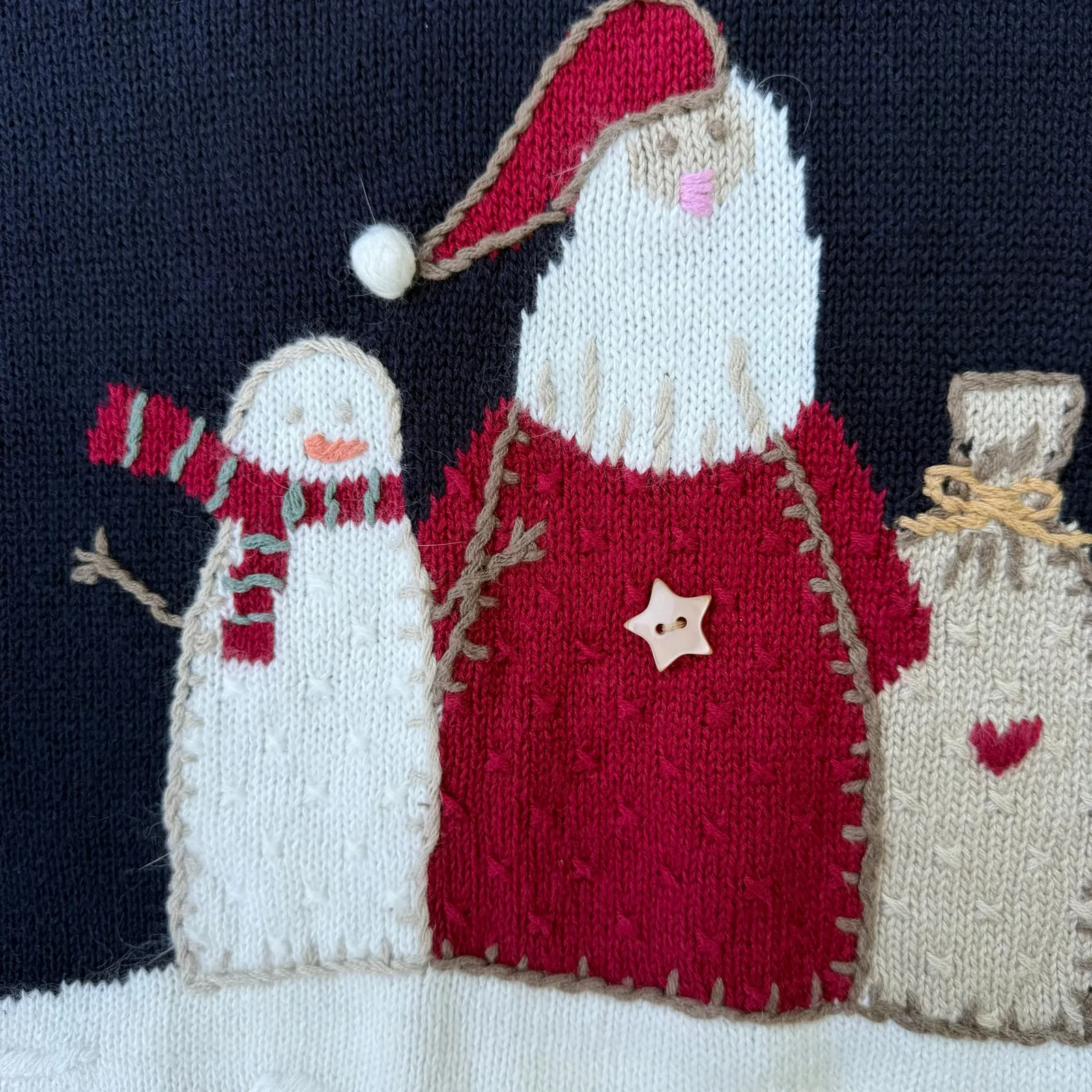 Vintage Y2K 2002 Christopher and Banks Folk Art Santa Snowman Applique Sweater S Blue - Image 8