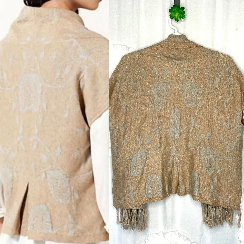 ANGEL OF THE NORTH Anthropologie Icebloom Fringe Open Cardigan Tan Gray Size L - Image 3