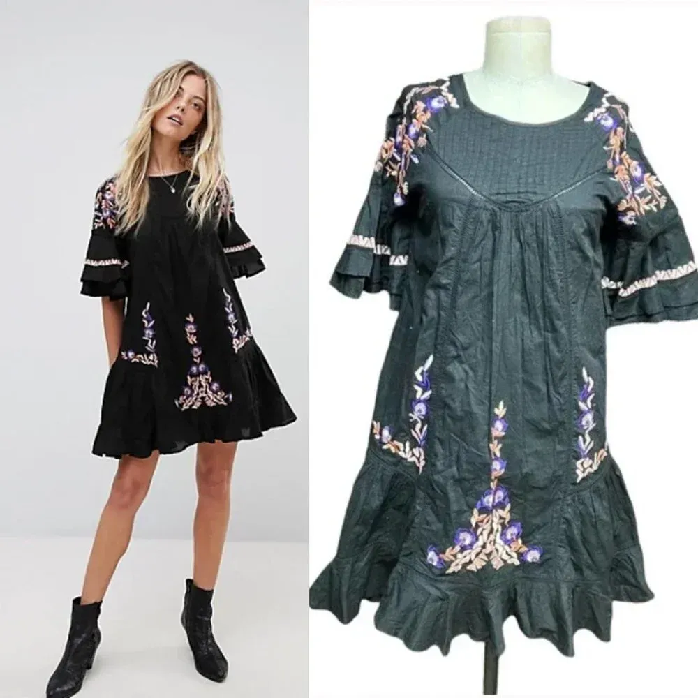 Free People Pavlo Embroidered Smock Dress Black Purple Floral‎ Size XS - Image 2