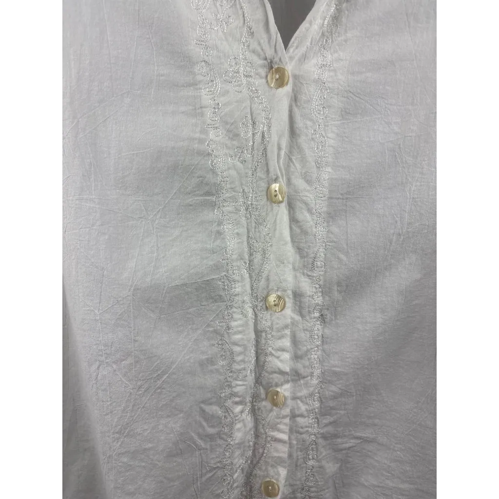 Women’s Yazdi Size M/L White Cotton Long Sleeve Button Up with Floral Embroidery - Image 2
