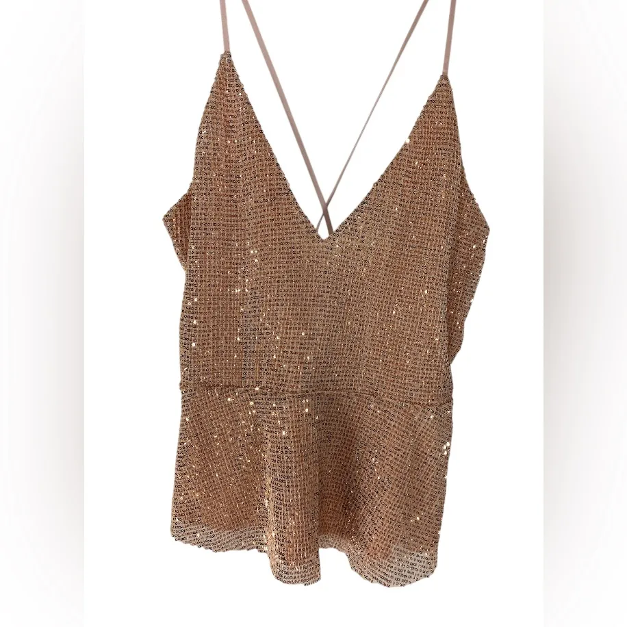 Express Women’s L Sequin Cami Rose Gold Spaghetti Strap Party Glam Tank Top - Image 2
