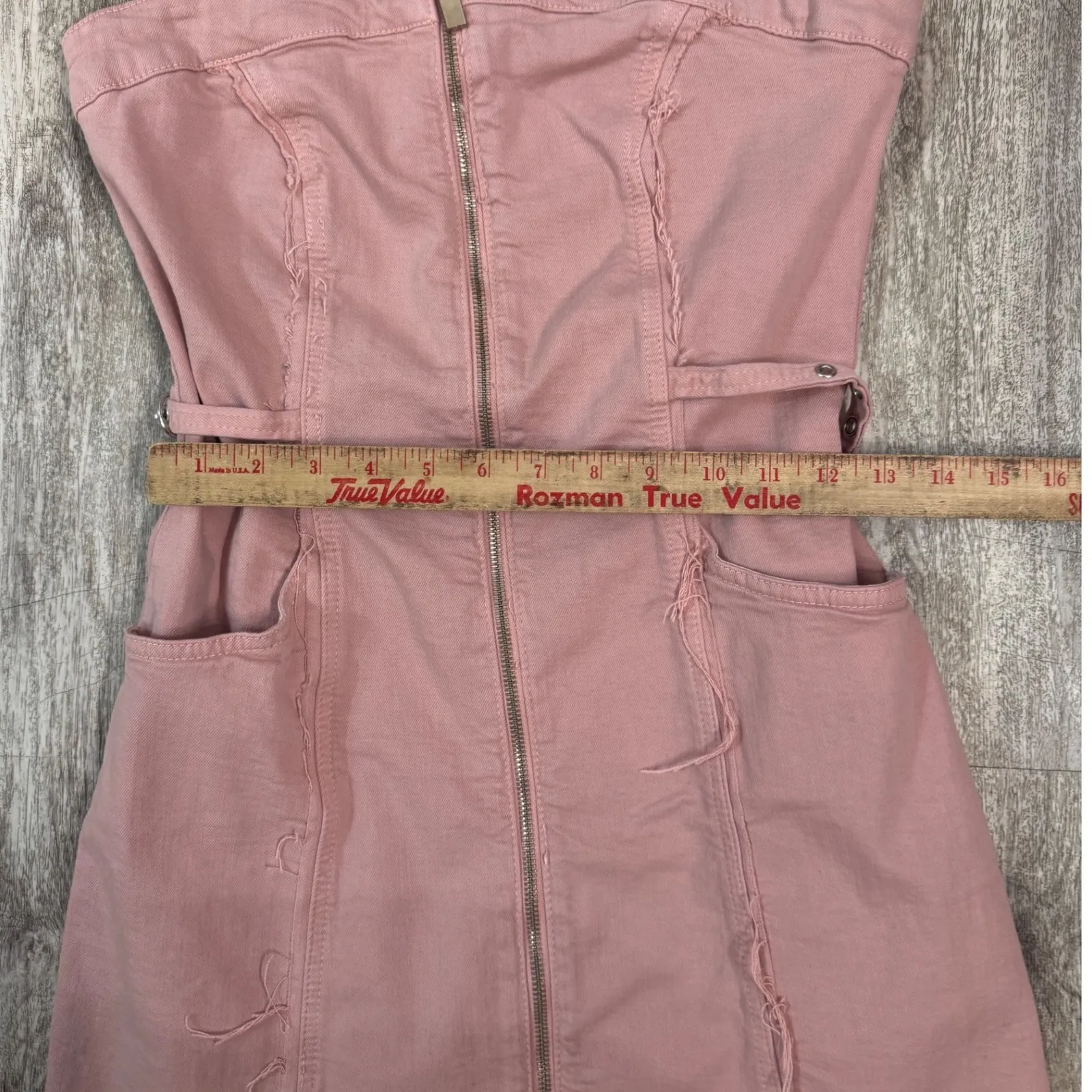 Zara Pink Denim Strapless Zip Up Mini Dress Y2K Buckle Detail Size M - Image 5