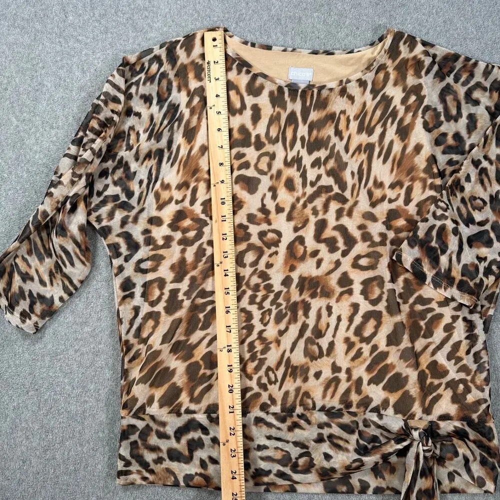Chico's Animal Print Mesh Tie Waist Blouse Size 2/Large Brown Sheer 3/4 Sleeves - Image 5