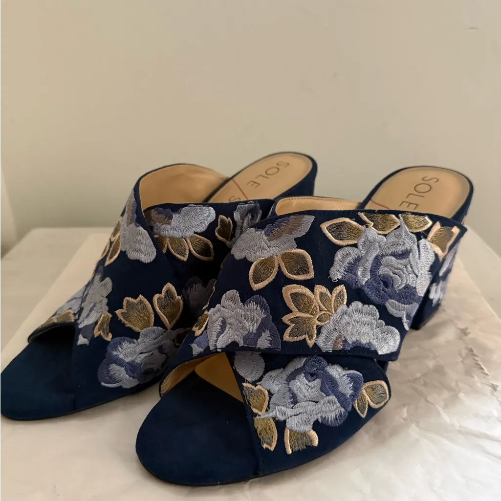 NWOB Sole Society Luella Blue Floral Women's Embroidered Heels Mules Shoes - Image 5