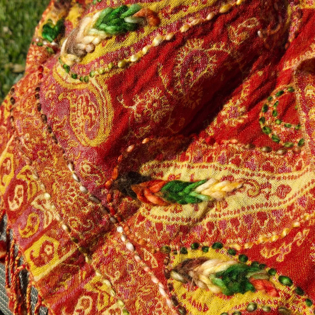 Shawl wool floral embroidered kalahari shawl scarf 68” x 26” Red - Image 5
