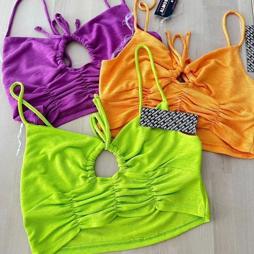 NWT Crop Top Bundle Womens Large Summer Neon Color Cut Out Slinky Fabric 3 Piece - Image 3