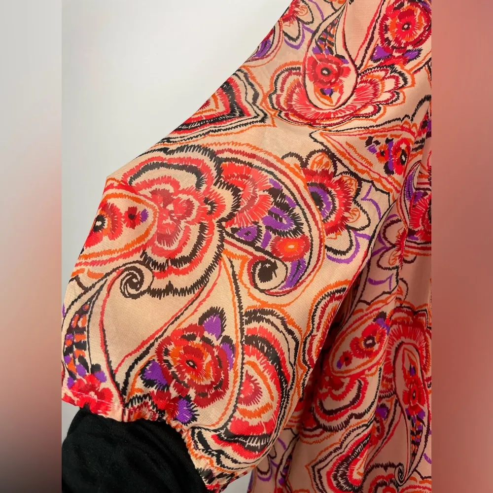 Rabbit Design Tan Purple‎ Red Paisley Boho 3/4 Sleeve Babydoll Mini Dress Size 12 - Image 3