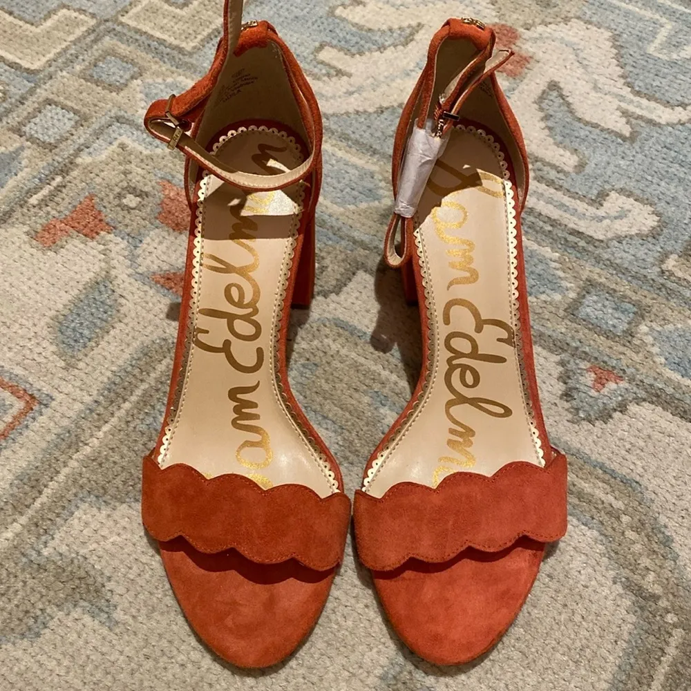 Sam Edelman Odila Leather Suede Block Heel Scalloped Sandals Dusty Orange Sz 10 - Image 3