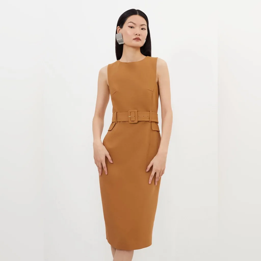 Karen‎ Millen New Compact Stretch Belted  Pencil Dress camel - Image 4