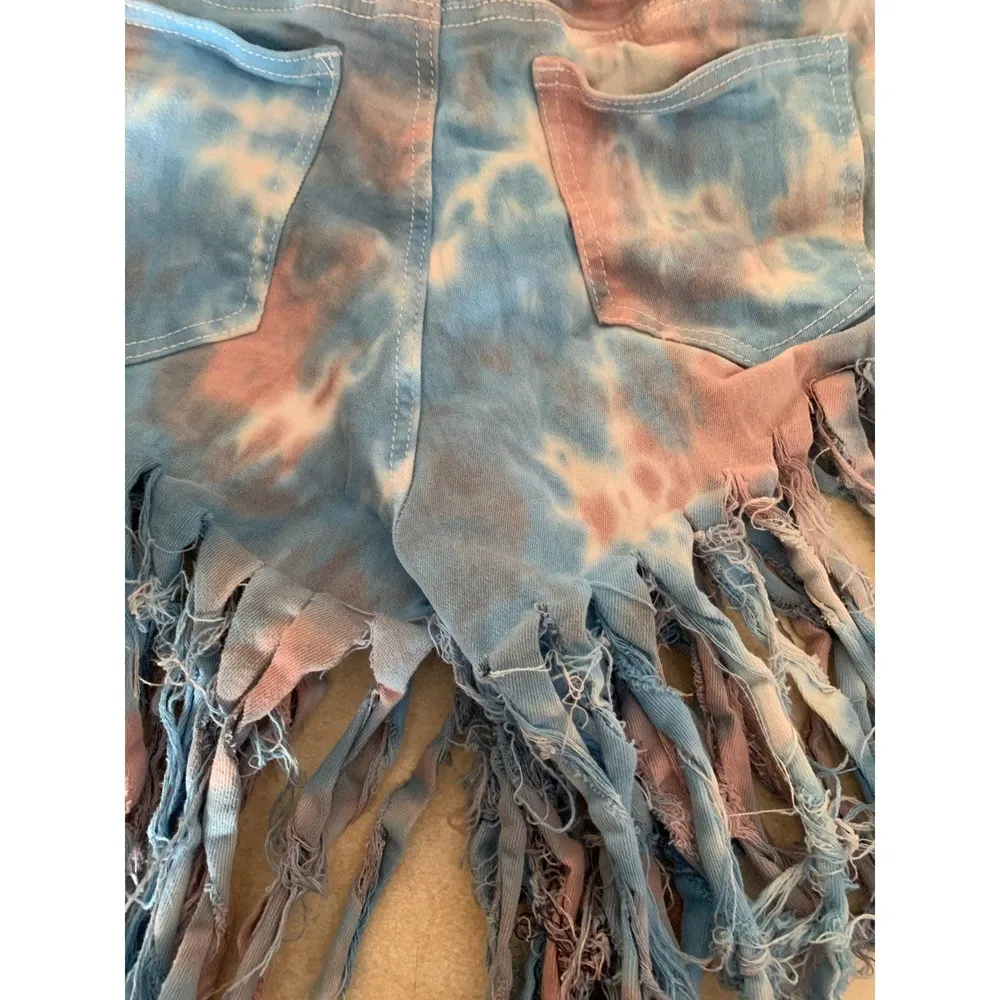 K.I.M by Kim tigers tyedye fringe denim shorts woman’s size medium/large - Image 8