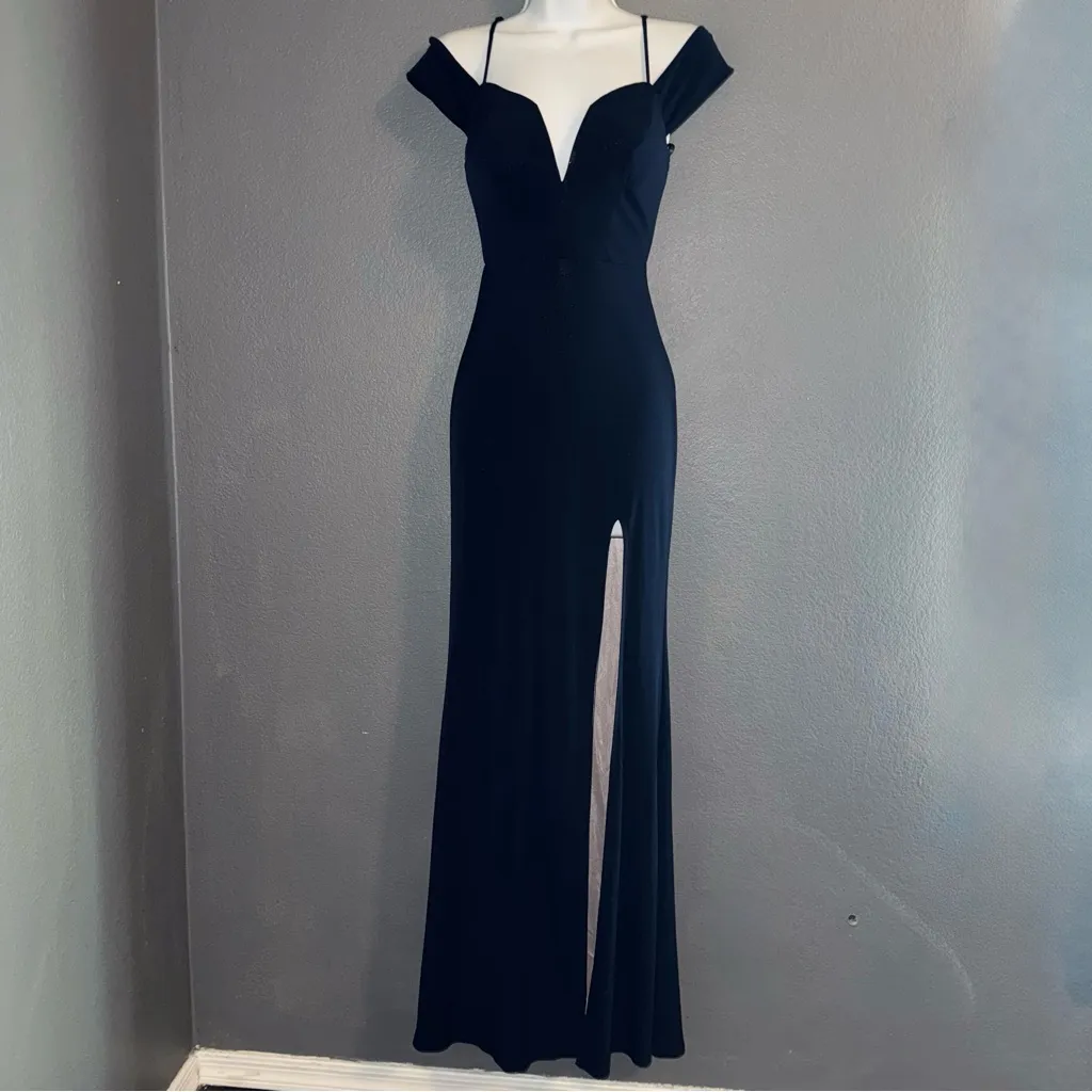 City Studio Navy Blue Off The shoulder Deep V Formal Gown Dress XS - Image 6