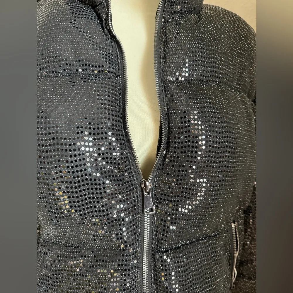 Baccini Black Sequin Textured Puffer Coat, Size Small - Image 3
