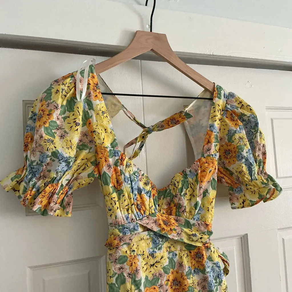 Indikah Floral Yellow and Blue Dress with open back size small - Image 2