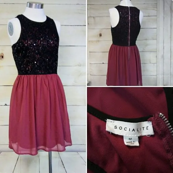 SOCIALITE Black Maroon Sequins Flare Dress Medium - Image 2
