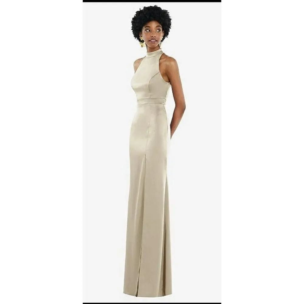 Lovely NEW HIGH NECK BACKLESS MAXI DRESS WITH SLIM BELT IN CHAMPAGNE Size 8 R Gold - Image 8