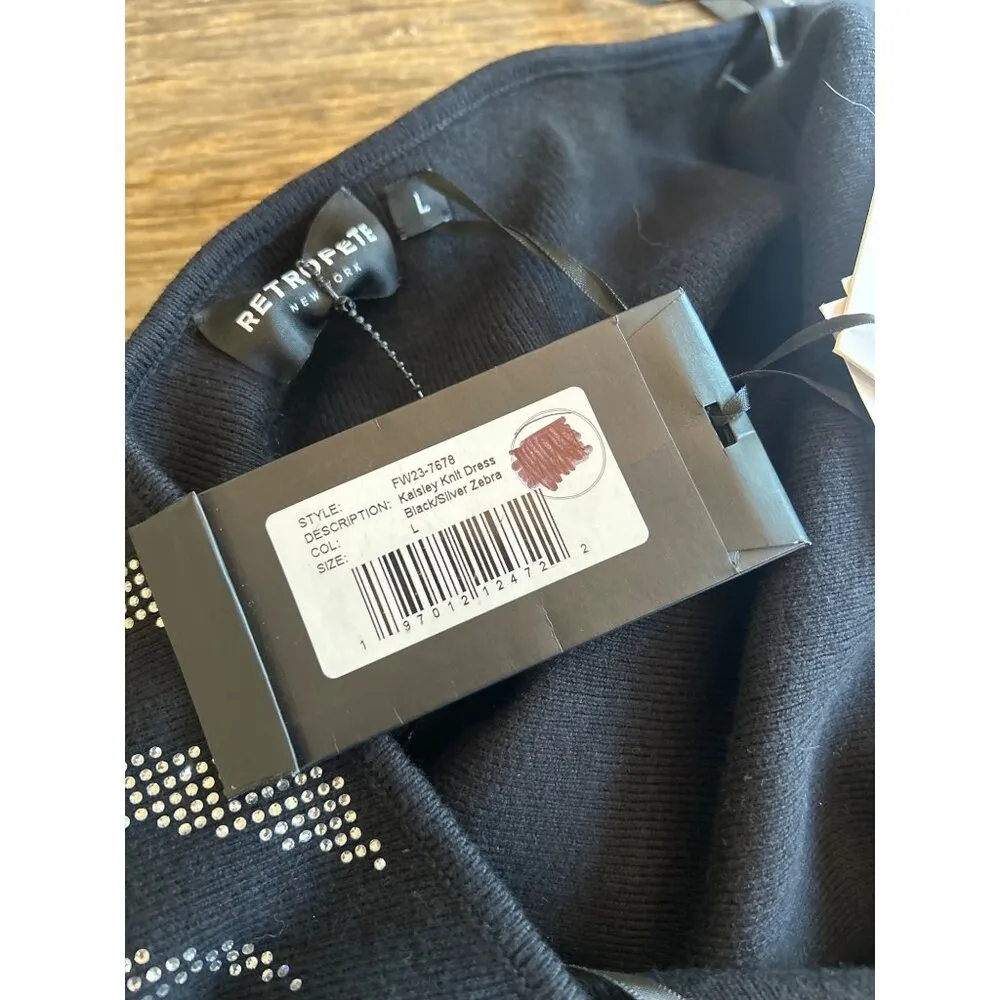 RETROFETE Kaisley Knit Crystal Midi Dress Black & Silver Zebra Womens Size Large - Image 11