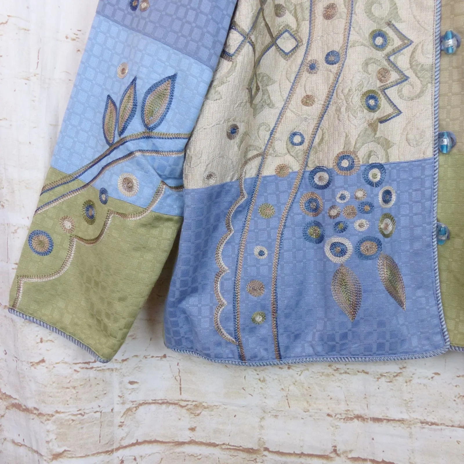 Indigo Moon Jacket Women L Blue Green Patchwork Embroidered Lined VTG Boho Artsy Size L - Image 8