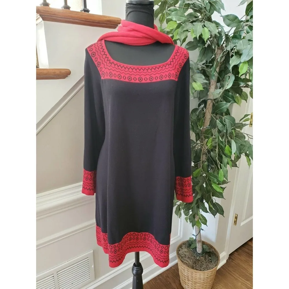 Style & Co. Women Black/Red Cotton Square Neck Long Sleeve Knee Length Dress XL - Image 2