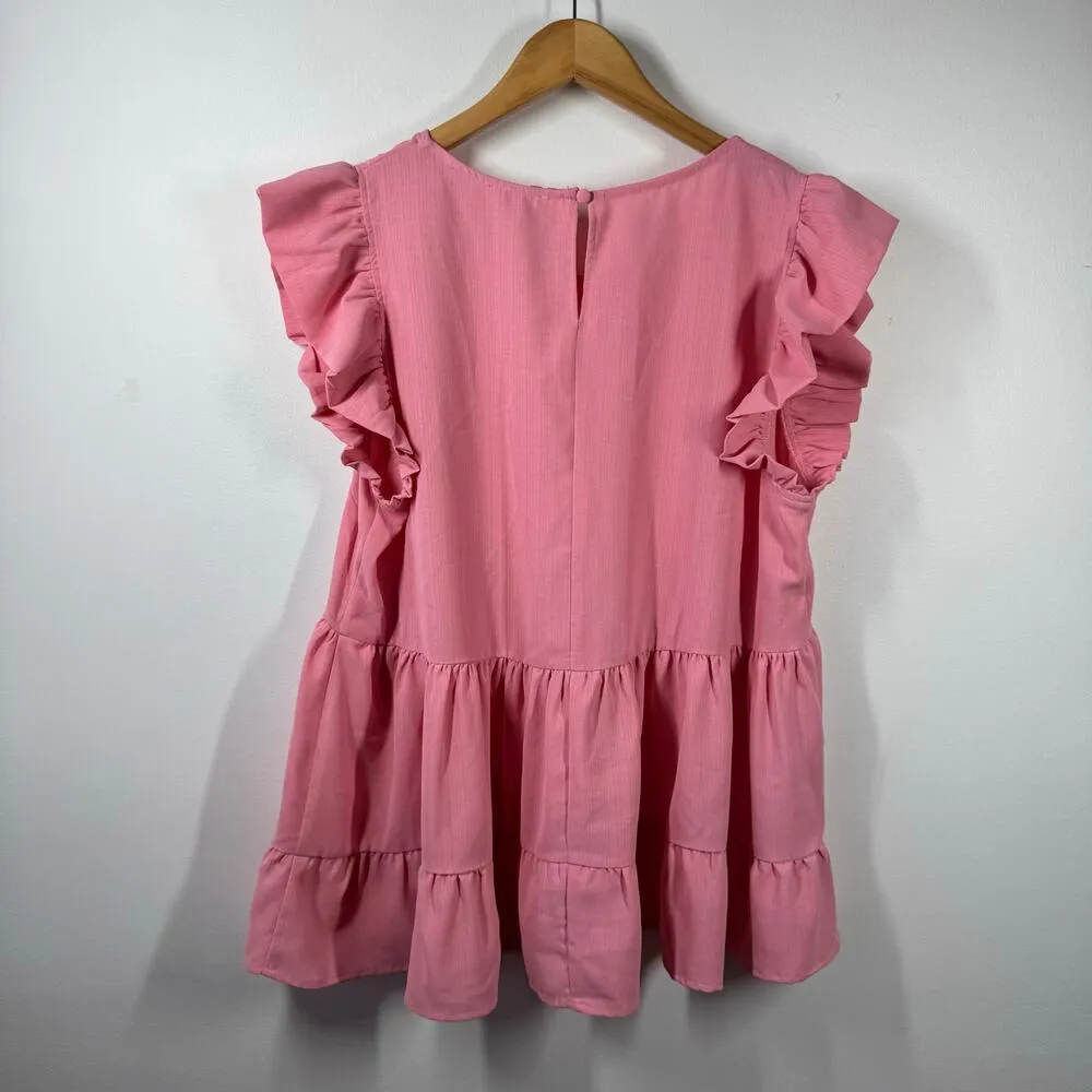 Umgee Blouse Women Size L Pink Ruffle Sleeve Spring Modest Peasant Preppy - Image 3