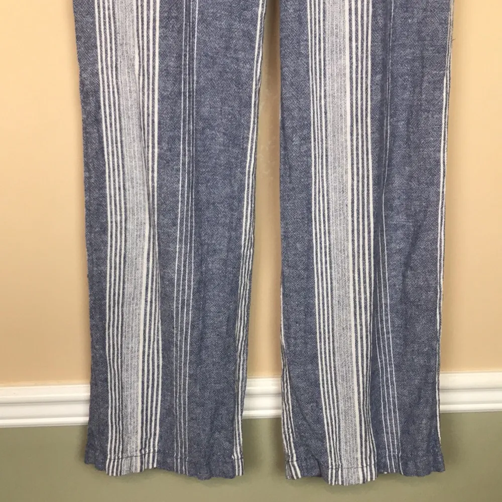 Old Navy Women’s Linen Blend Striped Blue White Pull On Straight Leg Pants - Image 3