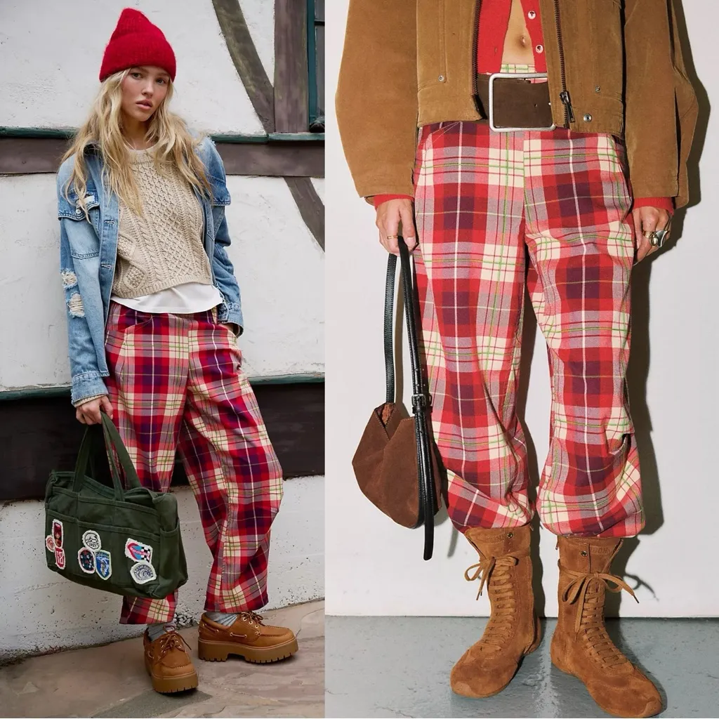 Free People XL Nice Choice Pull-On Barrel Pants in Wine Combo Lantern Plaid NWT - Image 2