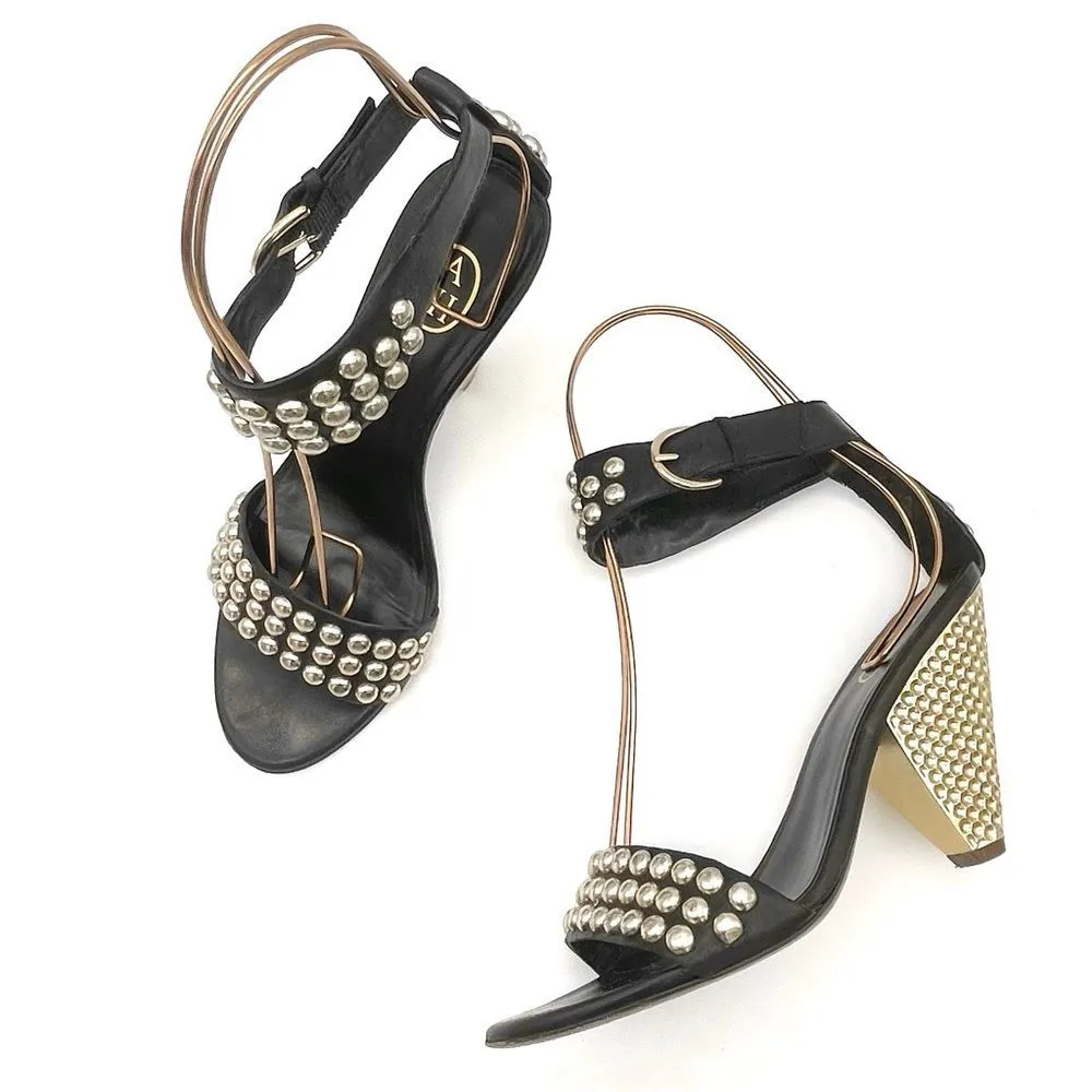 ASH Gold Studded Black Leather Ankle Cuff Heeled Strappy Sandals Size 38 | US 7 - Image 3