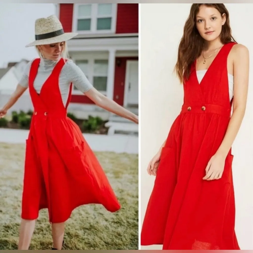 Free People Diana Scarlet Red V Neck Wrap Midi Dress with Button Details - Image 4