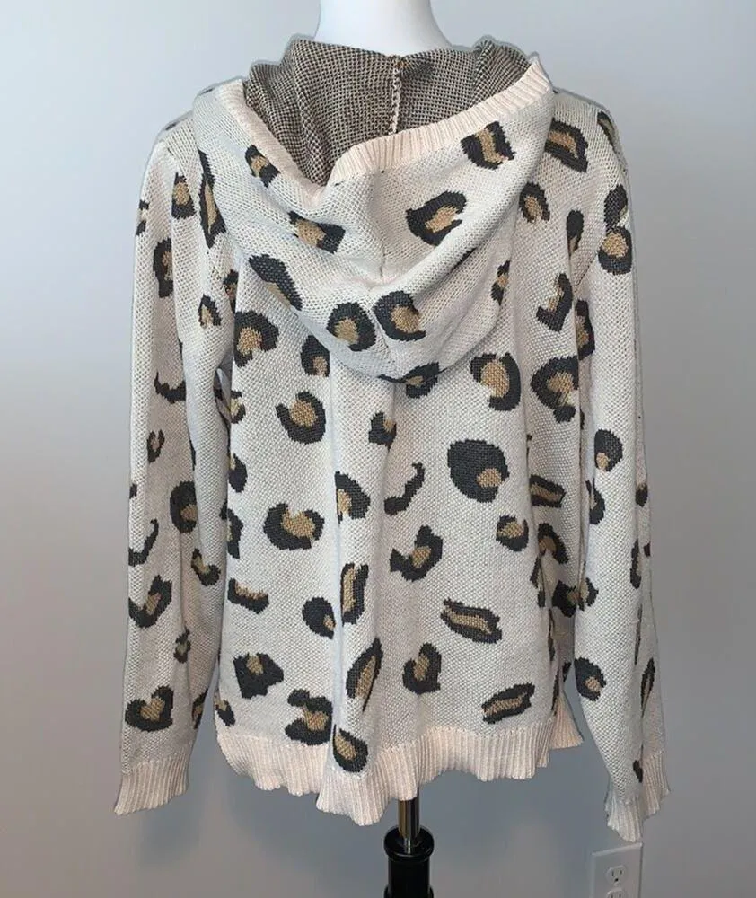 Leopard Cheetah Animal Tan Hood Sweater Sz L - Image 8