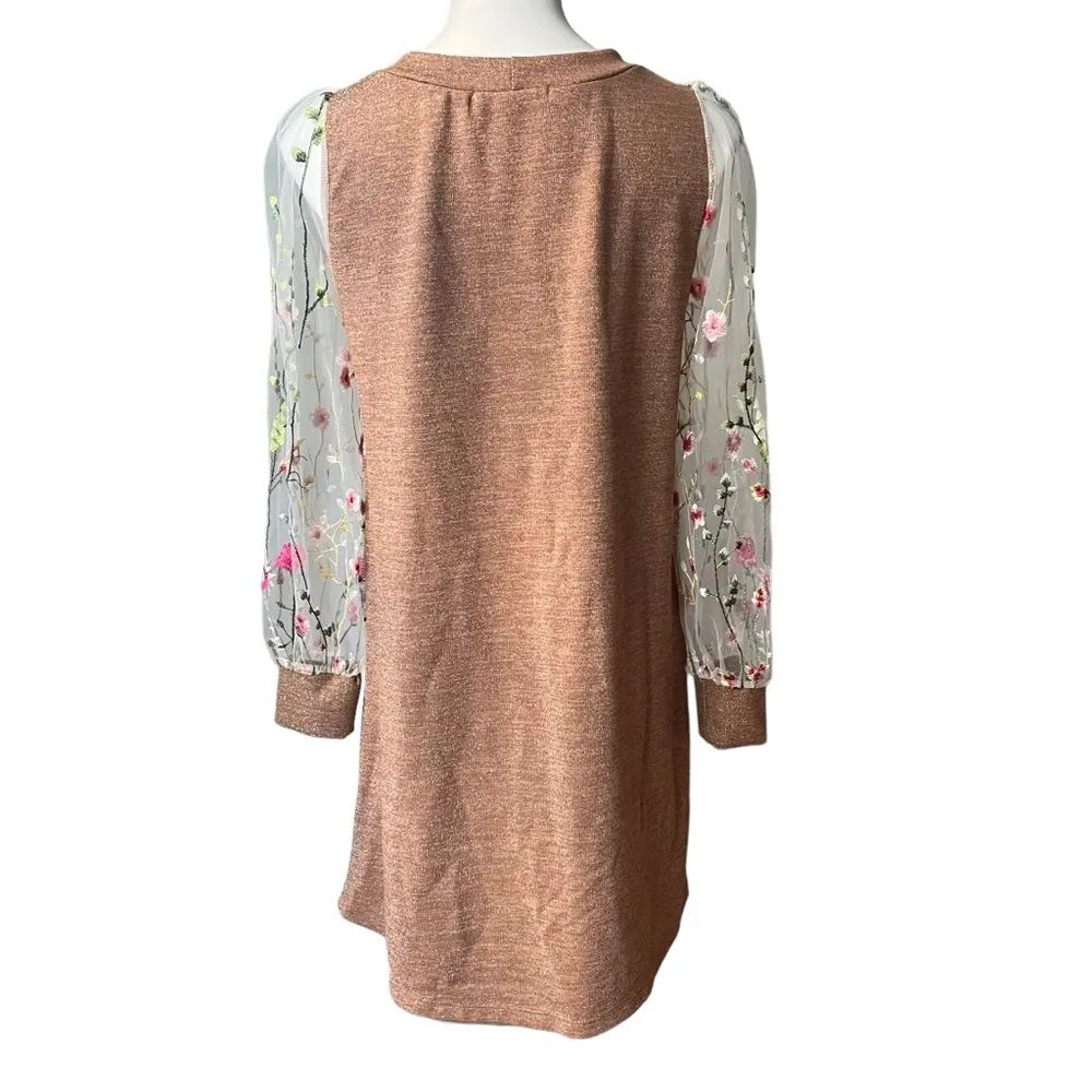 Renee C. Brown Metallic Dress with Sheer Mesh Embroidered Long Sleeves; Sz M - Image 13